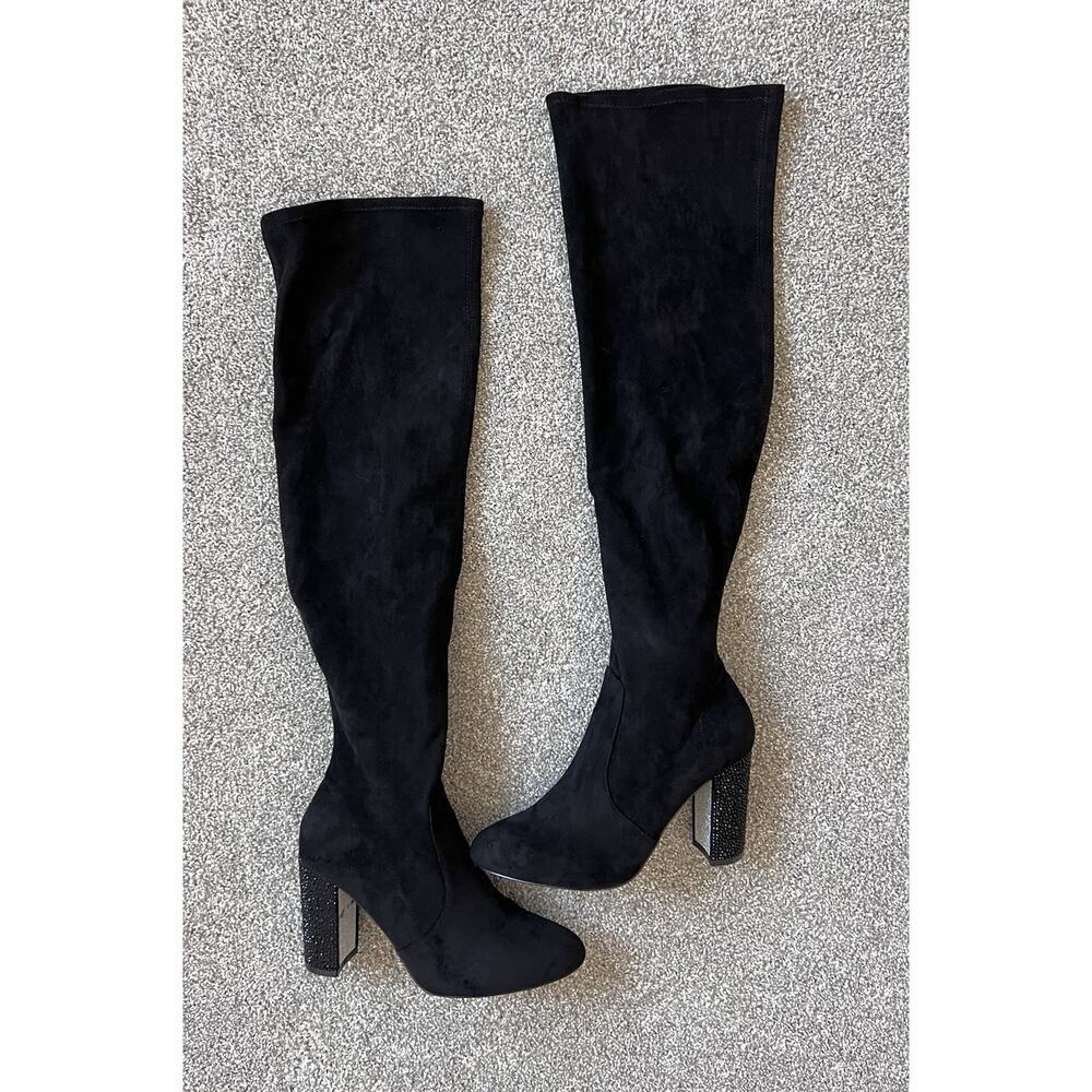Jewel Badgley Mischka Black Stretch Over-the-Knee Block Heel Boots 8 Holiday